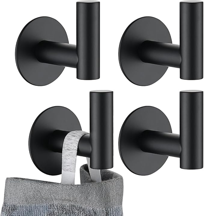 JQK Self Adhesive Towel Hook Black, No Drill Stick on Coat Robe Clothes Wall Hook for Bathroom Kitchen Garage 2 Pack, 304 Stainless Steel Matte Black, ATH110-PB-P4