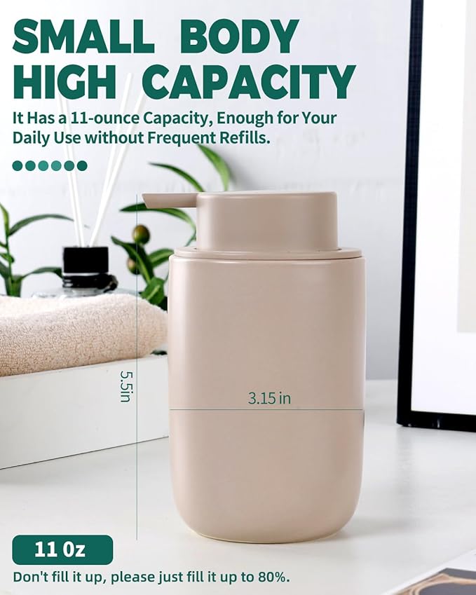 BosilunLife Lotion Pump Dispenser - Matte Khaki Soap Dispenser Bathroom Ceramic Dish Liquid Soap Dispenser for Kitchen, Bathroom Countertop Soap Dispensers (Khaki, Liquid Pump)