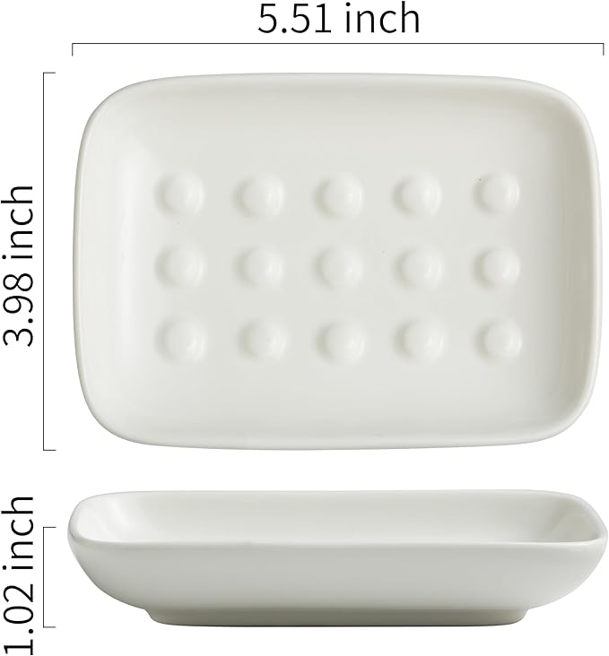 Soap Dish, Ceramic Soap Holder Shower Soap Dish for Bar Soap Sponge, Soap Saver Tray for Bathroom Kitchen Sink, White