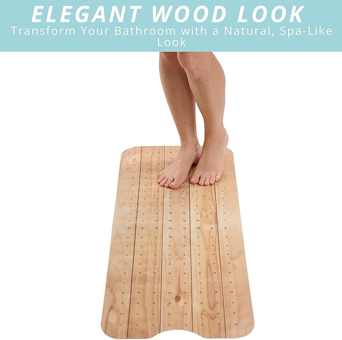 ENKOSI Bath Mat – PVC Large 40 x 16 Inch Non-Slip Bathtub Mat with Secure Suction Cup Grip & Drain Holes – Extra Long Bathroom Shower Mat for Tub and Shower Floors with Wood Print Design (40x16 Wood)