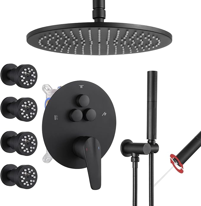 VANFOXLE Shower Faucet Set Matte Black Shower System,Push Button Diverter Shower Faucet with 2 in 1 Handheld,Ceiling Mount 10 Inch Shower Head with 4 PCS Dual Modes 2 Inch Body Jets