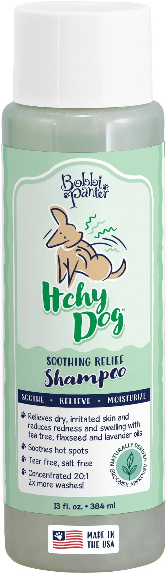 Bobbi Panter Dog Shampoo - Made in USA - All Natural Formula for Itch Relief & Soothing Skins, Concentrated 16:1 for Professional Groomers - Green Apple Scent, 13 Oz