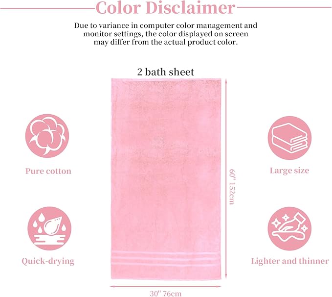 Cotton Bath Towel – Large 30x60 Inches, Soft, Thick & Absorbent Towel for Bathroom, Spa, or Home Use (Pink, 2 Pack – 30"x60")