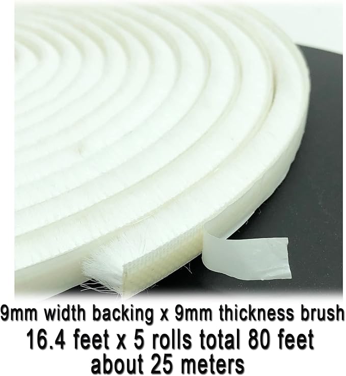80 Ft White Weather Stripping Brush for Sliding Window/Door Frame, House Soundproofing Felt Self Adhesive Weather Strip Seal Strip Sealer Tape (11/32 Backing x 11/32 Brush inch)