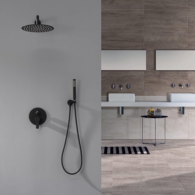 Iriber Matte black Shower System Wall Mounted Shower Faucet Mixer Set with 12 Inches Rain Shower head and Handheld, Bathroom Shower Trim Kit Contain Pressure Balance Valve