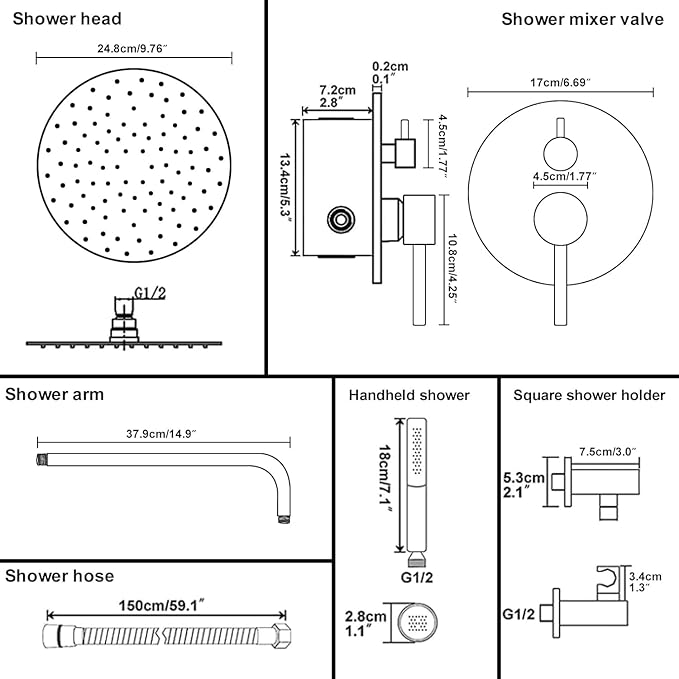 BESy Shower System with 10 Inch Round Rain Shower Head and Handheld Wall Mounted, High Pressure Rainfall Shower Faucet Fixture Combo Set with 2 in 1 Handheld Showerhead for Bathroom, Brushed Gold