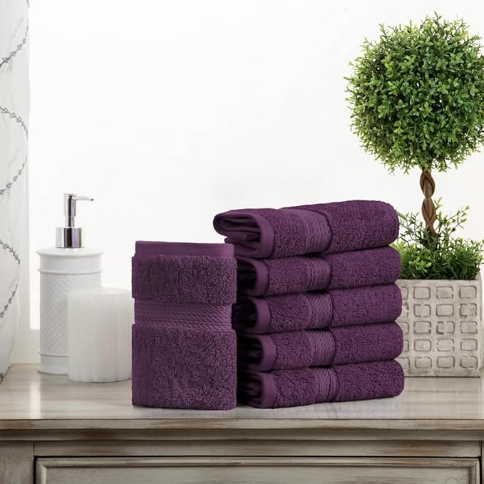 Superior Egyptian Cotton Pile Face Towel/Washcloth Set of 6, Ultra Soft Luxury Towels, Thick Plush Essentials, Absorbent Heavyweight, Guest Bath, Hotel, Spa, Home Bathroom, Shower Basics, Plum