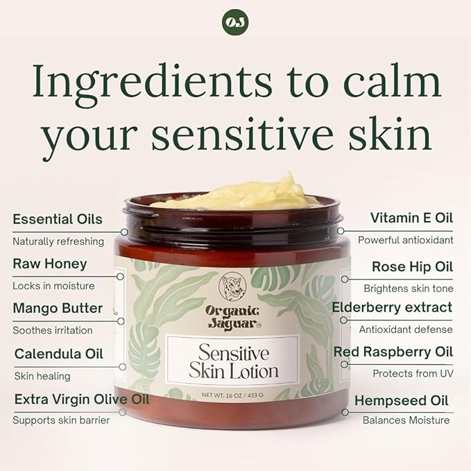 Organic Jaguar Natural Body Lotion for Sensitive Skin, Scent Free, Sulfate & Paraben Free Body Care, Moisturizer With Essential Oils, Vitamin E Oil, Beeswax, Extra Virgin Olive Oil, Raw Honey, 8 oz