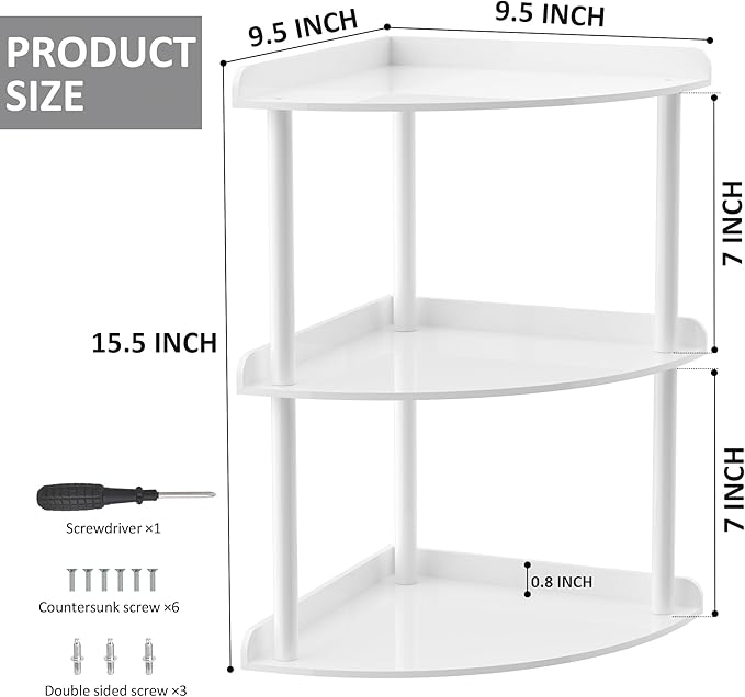 3 Tier Acrylic Corner Shelf Organizer Storage 9.5x9.5x15.7 Inch, White Countertop Corner Shelf for Bathroom, Kitchen, Bedroom, Office, Study Room