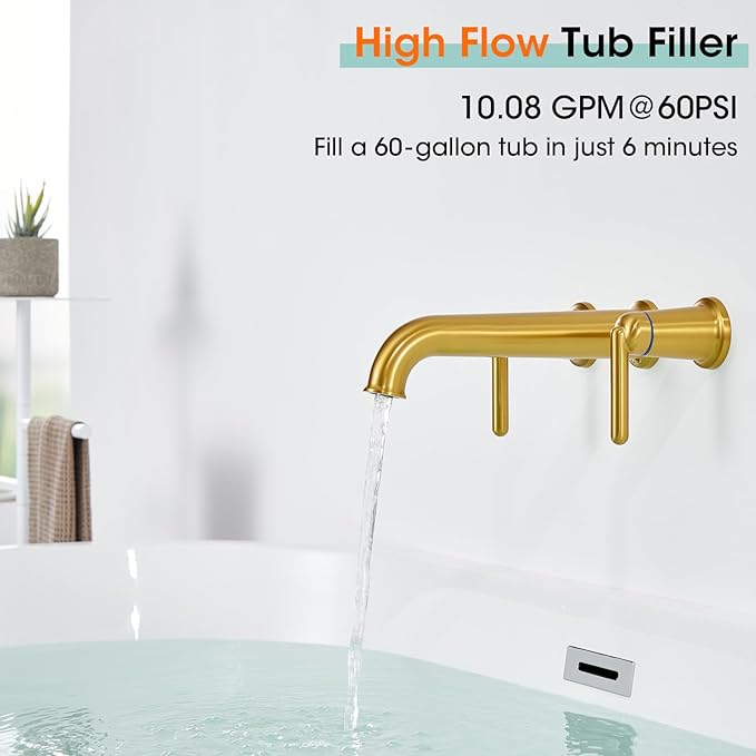 Wall Mount Tub Filler Long Spout Reach Faucet with Rough-in Valve High Flow 2-Handle Brass Roman Bath Faucet Set Brushed Gold (WT-9806BG)