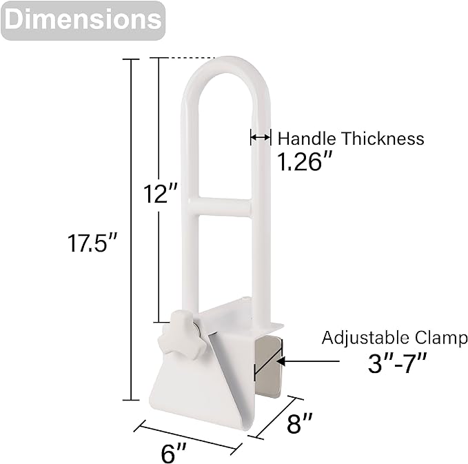 Vaunn Medical Adjustable Bathtub Safety Rail Shower Grab Bar Handle, Stainless Steel, White