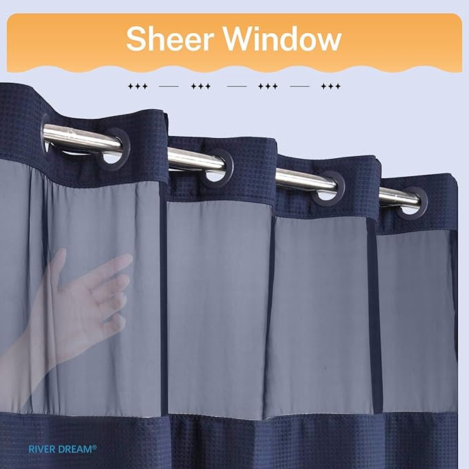 River Dream Stall Heavyweight No Hooks Required Dotted Waffle Weave Shower Curtain with Snap in Liner - 36W x 74H,Hotel Grade,Spa Like Bath Curtain,Navy