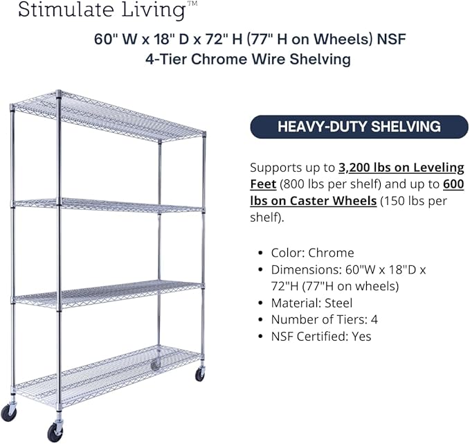 60"x18"x72" Prime Heavy Duty Chrome 4-Tier Wire Shelving NSF 3200 LBS MAX Capacity Storage Rack for Commercial, Hospital, School, Garage, and Kitchen Uses (with Wheels)
