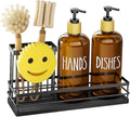 Moforoco Kitchen Dish Soap Dispenser Set, 16OZ Glass Bottle, Hand and Dish Soap Dispenser Set, Instant Dry Tray, Non-Slip Silicone Pad, Brush Holder with Sponge Holder, Kitchen Decor（Amber Bottle）