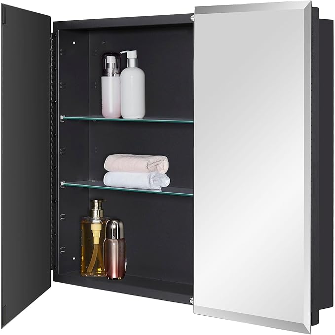 Black Bathroom Medicine Cabinet with Beveled Edge Mirrored Door 30 x 26 inch, Recessed or Surface Mount, with Adjustable Glass Shelves
