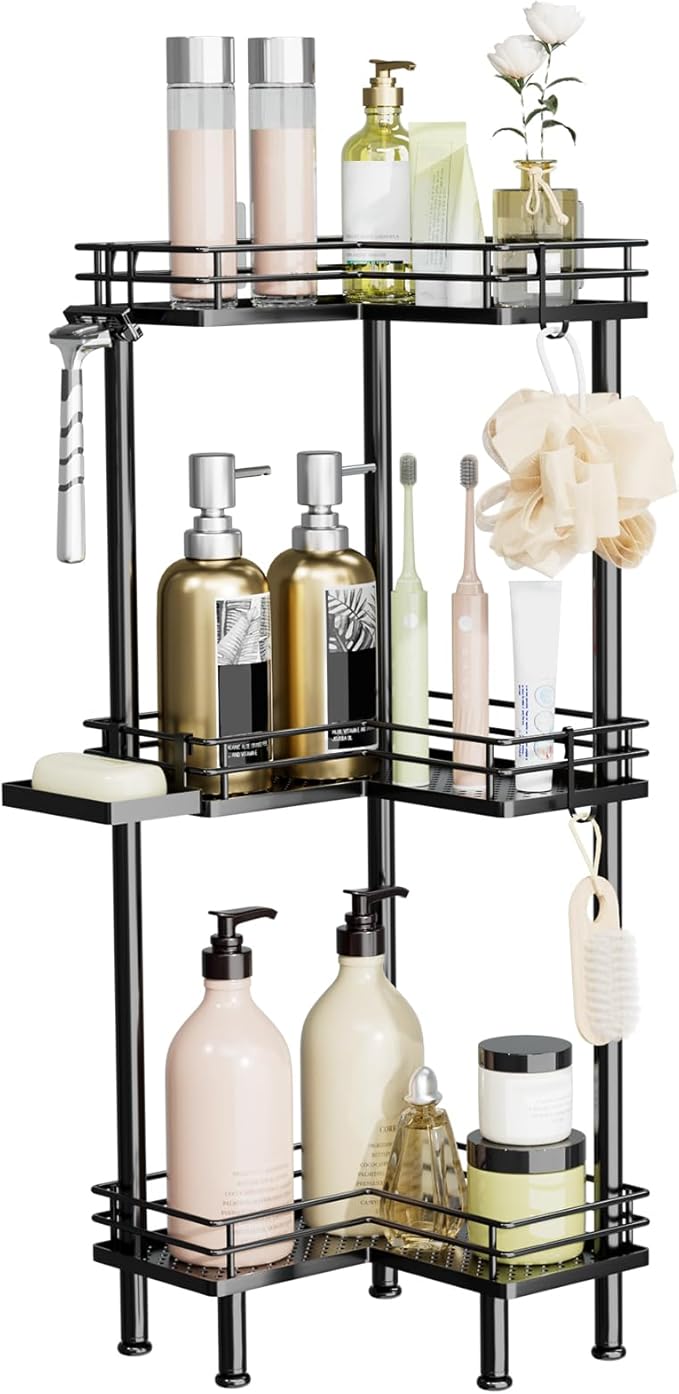Consumest Corner Shower Caddy Standing - 3-Tier Stainless Steel Shower Organizer with Soap Holder and 4 Hooks, Large Capacity Corner Shelf Stand for Bathroom, Rest Room, Black