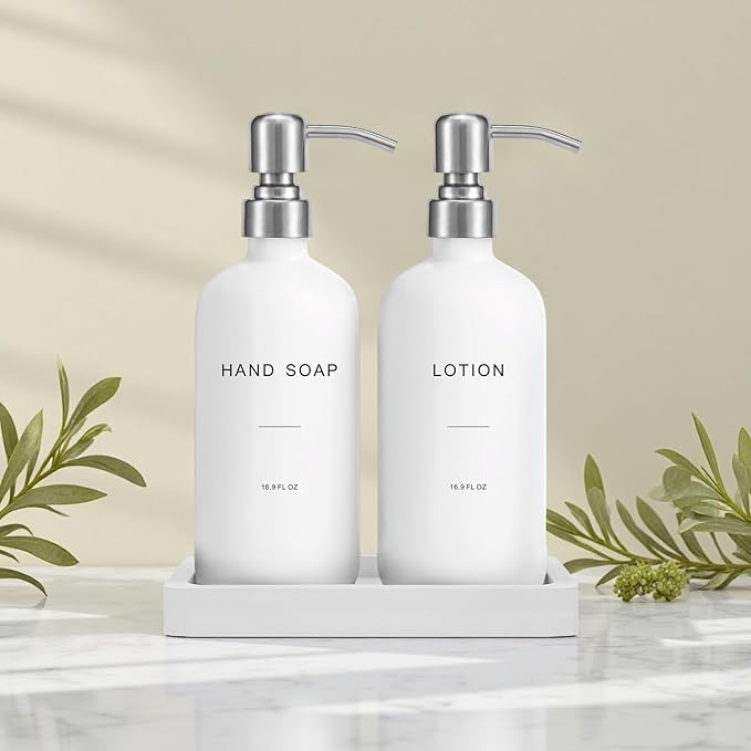 White Soap Dispenser Bathroom Set, Hand and Lotion Dispenser with Pump, Perfect for Bathroom Essentials for New Home. (Silver & White)