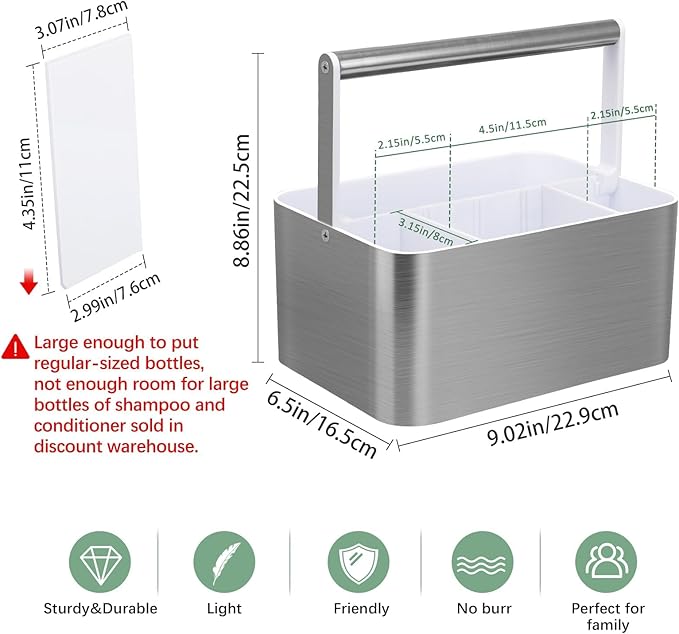 Plastic Shower Caddy Basket - Portable Large Bath Storage Organizer Bin Tote with Handle and divider for College Dorm,Cabinet,Bathroom Counter, Brushed Nickel White