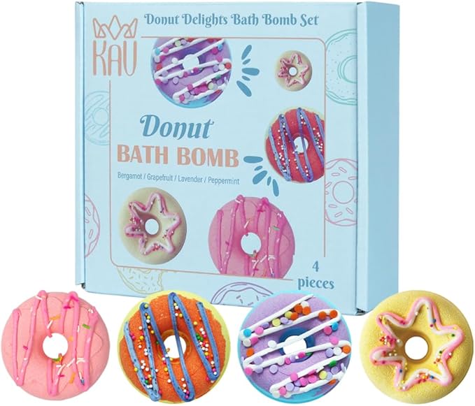 KAV Donut Bath Bombs Gift Set – 4 Piece Handmade Organic Bath Bomb Kit with Essential Oils – Relaxation Spa Gift for Women, Men, Teens, Kids – Self Care & Aromatherapy Soak