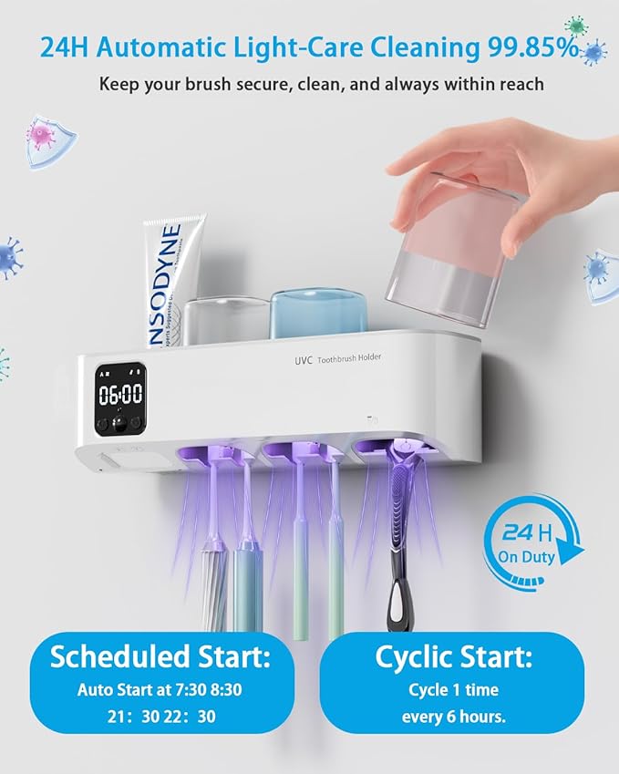 Toothbrush Holders Wall Mounted for Bathrooms, Toothbrush Holder - Smart Home & Bathroom Decor Tooth Brush Holders with 3 Cups, Features a Clock and auto Motion-Activated Night Light