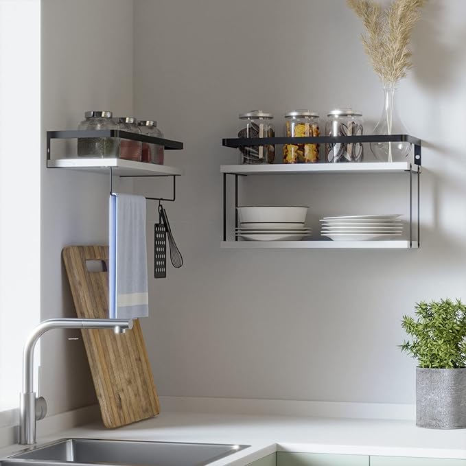 RICHER HOUSE 2+1 Tier Wall Mounted Floating Shelves Set of 2, Rustic Wood Wall Shelf with Metal Frame, Extra Storage Rack for Bathroom, Kitchen, Bedroom with Tissue Rack & Towel Bar - White