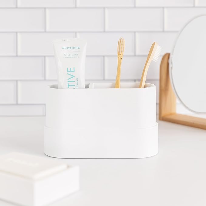 Matte White Large Toothbrush and Toothpaste Holder and Cup for Bathroom Vanity and Countertop, Round Organizer for Electric Toothbrushes, Floss, Razors, Cotton, and Mouthwash
