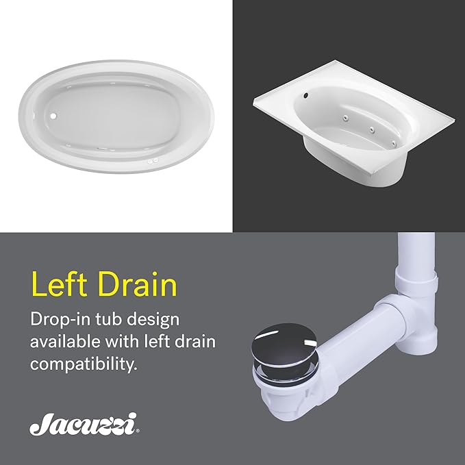 Jacuzzi SIGNATURE Acrylic Drop-In Bathtub, Heated Jet Massage Tub, Slip Resistant, Left Drain Placement, 66" (L) x 38" (W), Oval, Oyster