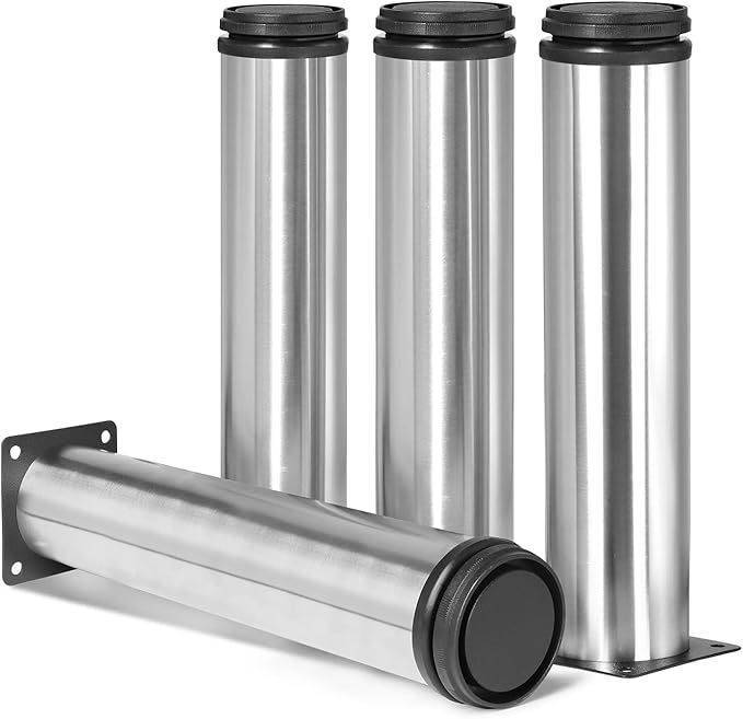 10 Inch Metal Furniture Legs Stainless Steel Adjustable Legs Silver Metal Legs Round Cabinet Legs for Coffee Table Cabinet Desk Sofa Shelves, Pack of 4