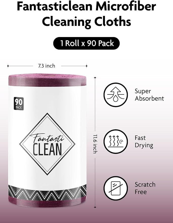Fantasticlean Microfiber Cleaning Cloth Roll -90 Pack, Tear Away Microfiber Towels, 12" x 12", Reusable, Washable, Scratch Free, Ultra Absorbent for Car, Home Supplies, Shop (Deep Purple)