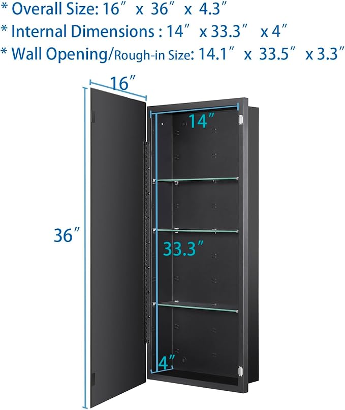 Black Bathroom Medicine Cabinet with Beveled Edge Mirrored Door 16 x 36 inch, Recessed or Surface Mount, with Adjustable Glass Shelves