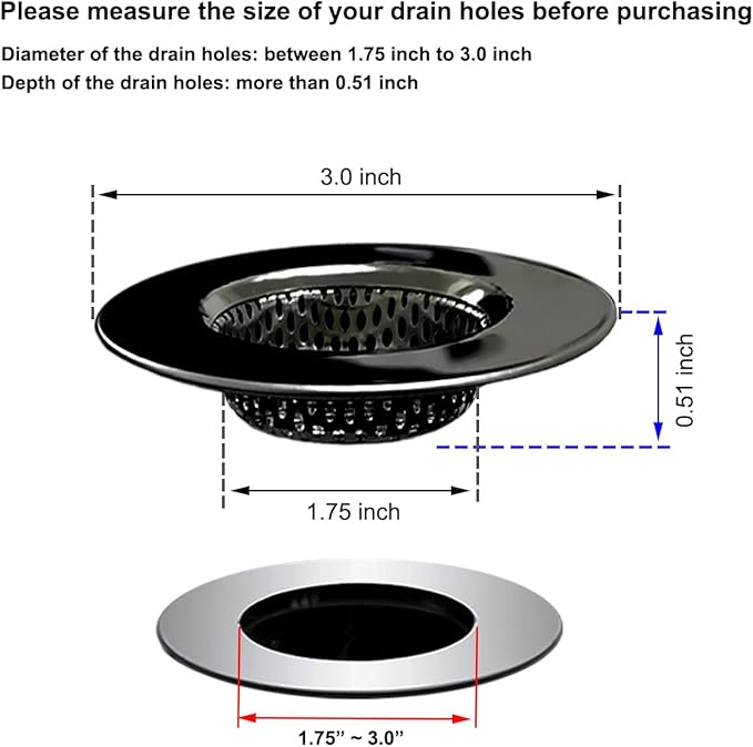 1.75" Bathtub Drain Strainers, Shower Drain Hair Catchers, Stainless Steel Drain Filter Cover for Bathroom Laundry Floor Drain, Fit for 1.75"-3.0" Drain Hole Black