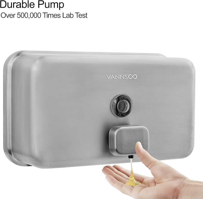 Wall Mounted Hand Soap Dispenser Bathroom, 1100ml 37oz Commercial Stainless Steel Liquid Soap Dispenser Wall Mount (Horizontal Brushed)