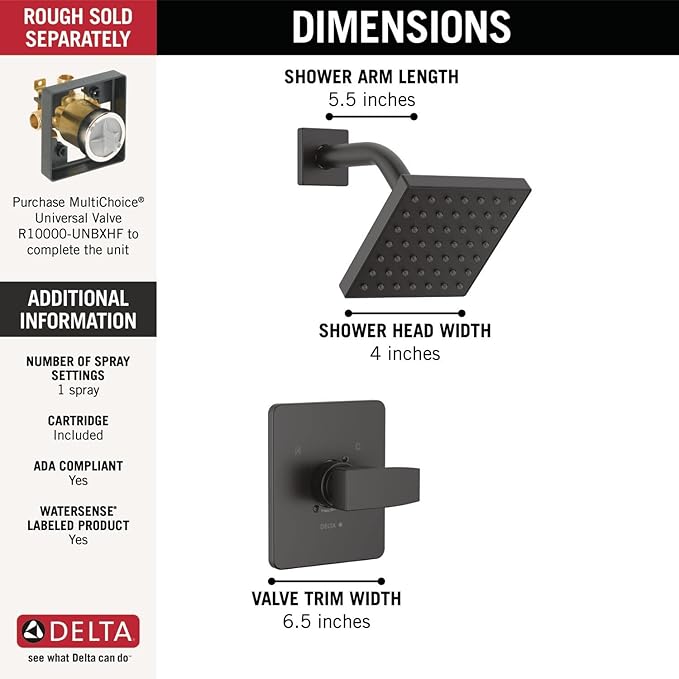 Delta Modern 14 Series Shower Faucet Set, Matte Black Shower Head and Handle Set, Valve Trim Kit, Matte Black T14267-BL-PP (Valve Not Included)