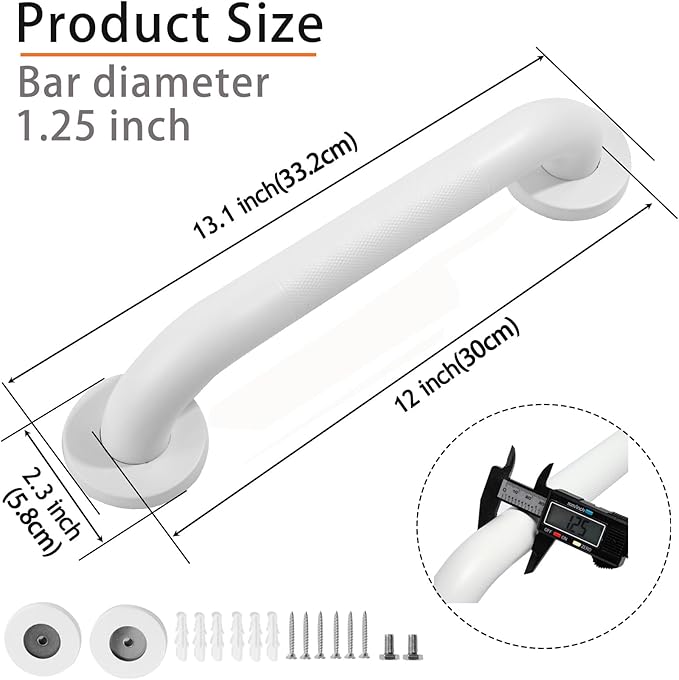 Shower Grab Bar, 2 Pack 12 Inch White Bathroom Grab Bar, 1.25" Diameter 304 Stainless Steel Anti-Slip Grab Bars for Bathtubs and Showers, Handicap Shower Grab Bar for Seniors Elderly