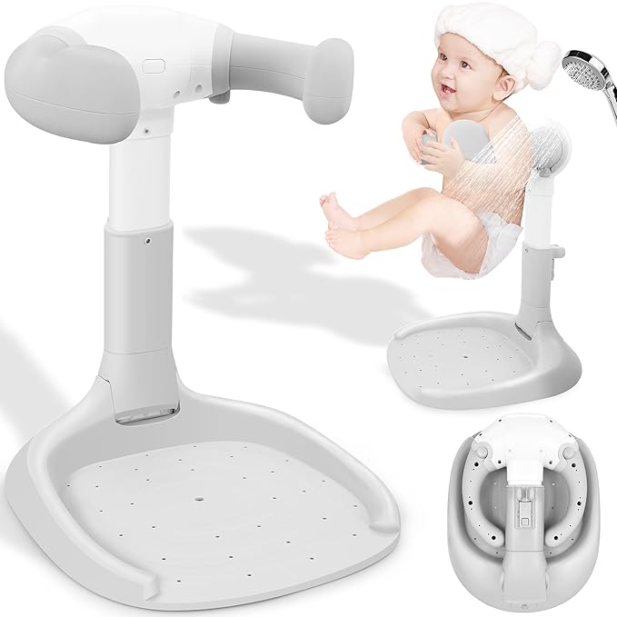Baby Shower Stand, No-Assembly Baby Bath Stand with Enlarged Anti-Slip Base, Foldable Adjustable Toddler Shower Standing Support, Soporte para Bañera de Bebe, Ideal Gift for Infant 6–36 Months (Grey)