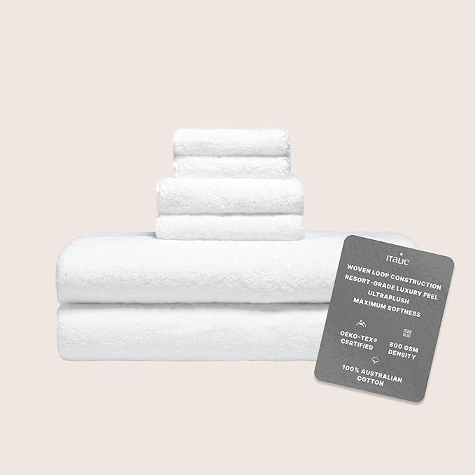 Italic Ultraplush Luxe 6 Piece Towel Set – 2 Bath Sheets, 2 Hand Towels, 2 Washcloths – 800GSM Soft, Highly Absorbent & Quick Drying, Resort Grade 100% Australian Cotton Towels (White)