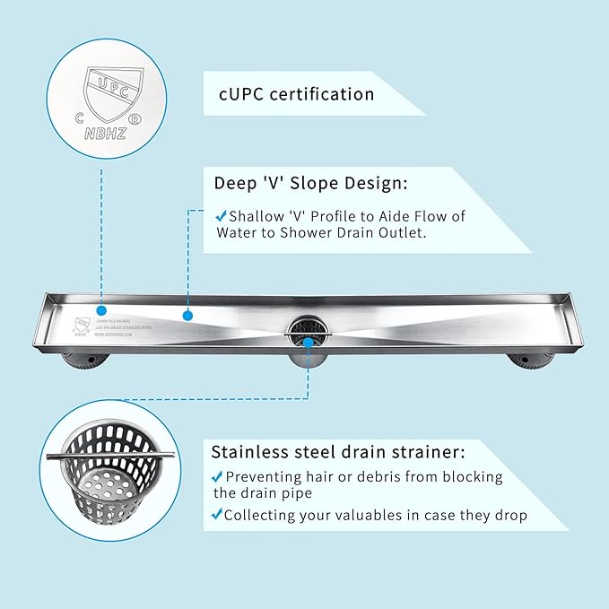 Neodrain 18-Inch Linear Shower Drain, Brushed 304 Stainless Steel, Silver, Modern Style, Removable Grate, Adjustable Feet, 2" Central Outlet, 36 L/min Flow, Fits US No-Hub Drain Base System