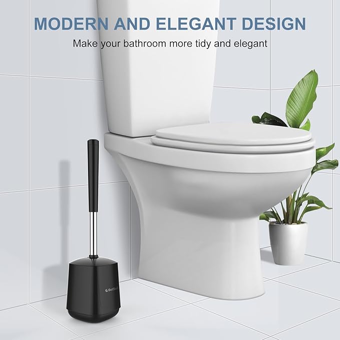 SetSail Toilet Brush and Holder 4 Pack, Self Closing Lid Toilet Bowl Brushes Holder Extra Long Handle Ventilated Toilet Brush Set for Bathroom Cleaning, Nylon Bristles, Black