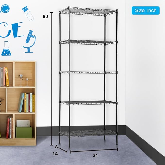 BestOffice | 5-Tier Wire Storage Shelves | 14x24x60 | Black | with Adjustable Racks | Heavy-Duty Metal Shelf, Holds Upto 750 lbs | No-Tool Assembly | Ideal for Home & Garage Shelving