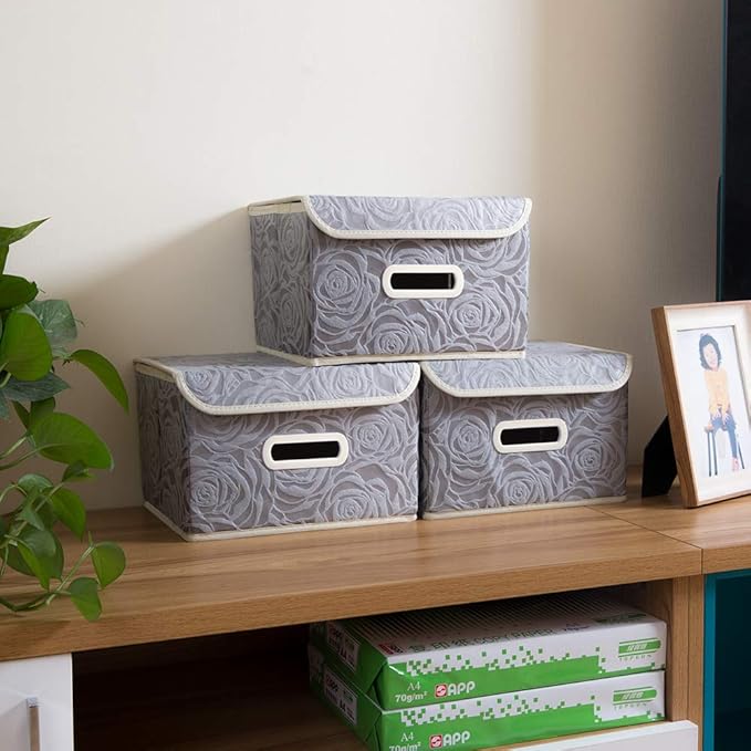 PRANDOM Collapsible Storage Boxes with Lids Fabric Decorative Storage Bins Cubes Organizer Containers Baskets with Cover Handles Divider for Bedroom Closet Living Room 9.8x7.9x6.7 Inch 3 Pack