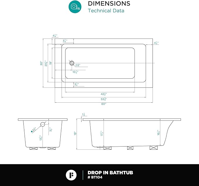 Fine Fixtures Drop In White Soaking Bathtub, Fiberglass Acrylic Material, 60"L x 30"W x 19"H