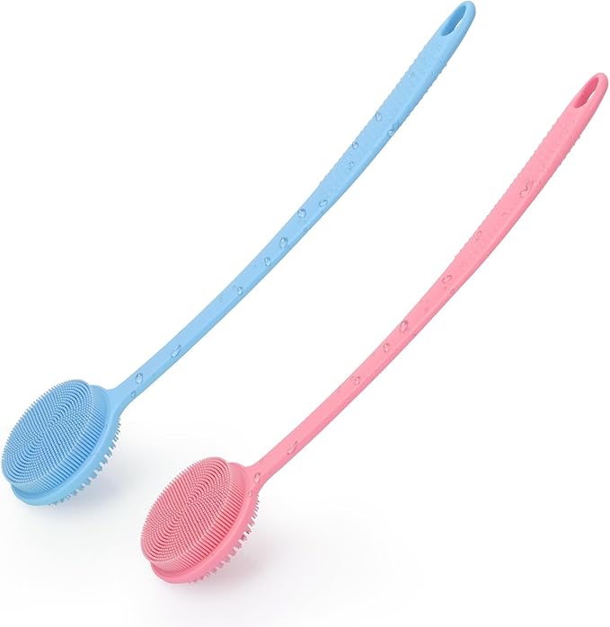 2 Pack Back Scrubber for Shower, 17in Lengthen Long Handle Body Brush, Double Sided Shower Brush for Shower Exfoliating and Massage Can Produce Rich Foam, Long Handle Back Scrubber for Men
