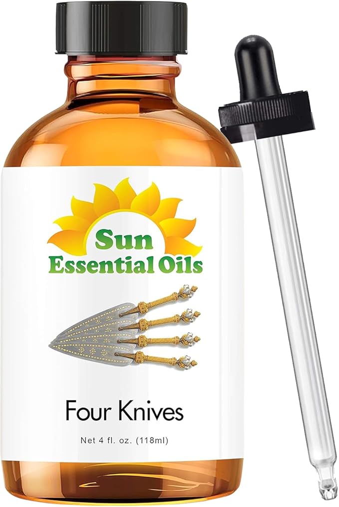 Sun Essential Oils – 4 oz Four Knives Essential Oil Blend with Eucalyptus, Clove, Rosemary, Lemon & Cassia – Spicy Scent for Diffuser, Skin, Candle Making, Cleaning, DIY & More – Dropper Included