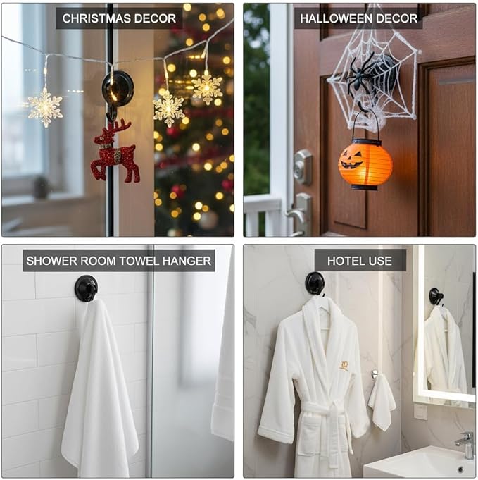 Suction Cup Hooks, Powerful Vacuum Wreath Hangers for Glass Door or Window, Set of 4, Black