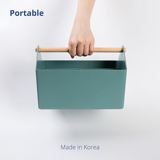 BLUE GINKGO Medium Storage Basket – Plastic Caddy with Wooden Handle for Office, Arts & Crafts, or Home Supplies (Green)