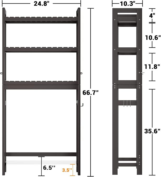 Homykic Over The Toilet Storage, Bamboo 3-Tier Over-The-Toilet Space Saver Organizer Rack, Stable Freestanding Above Toilet Stand with 3 Hooks for Bathroom, Restroom, Laundry, Espresso