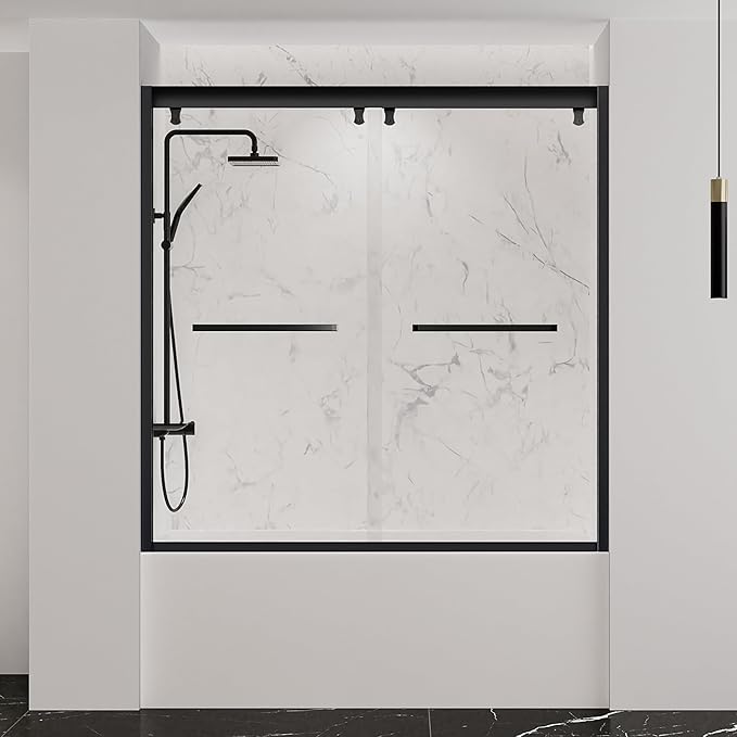 55"-59" Bathtub Double Sliding Doors,Semi-Frameless Water Repellent Tub Door, Bypass Bathtub Shower Door with 5/16"(8mm) SGCC Clear Tempered Glass, Explosion-Proof Film, Stainless Steel Hardware