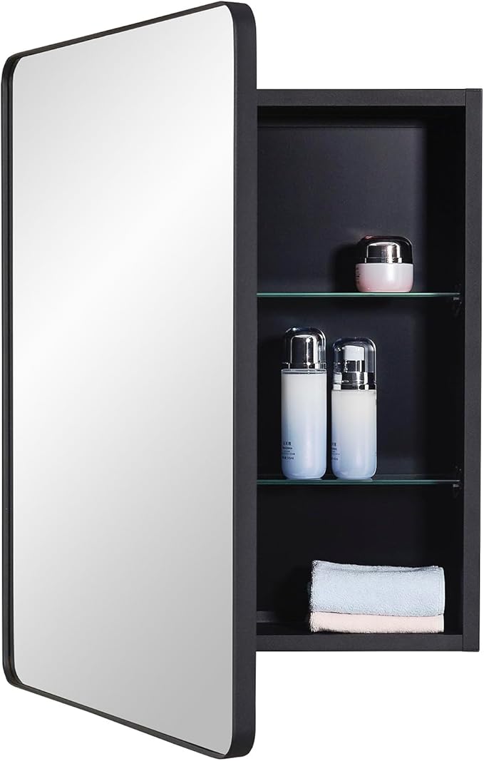 Black Bathroom Mirror Medicine Cabinet with Round Corner Framed Door 20 x 26 inch, Recessed or Surface Mount, with Adjustable Glass Shelves