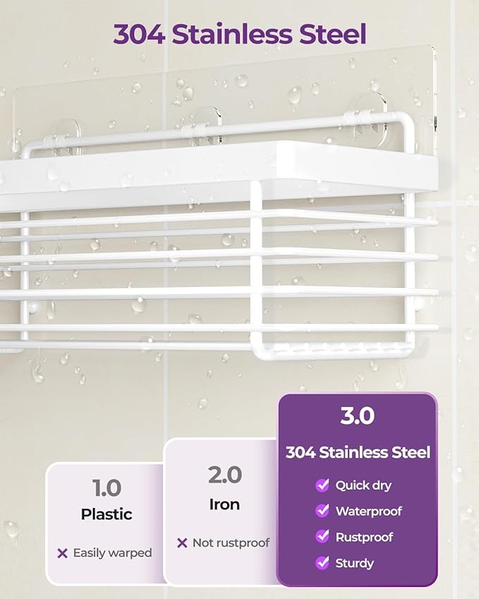 ODesign Shower Caddy 3 Pack SUS304 Stainless Steel-No Drilling-Shower Bathroom Shelves Rack,Rustproof Wall Mounted,Adhesive Shower Shelf Basket Organizer-White