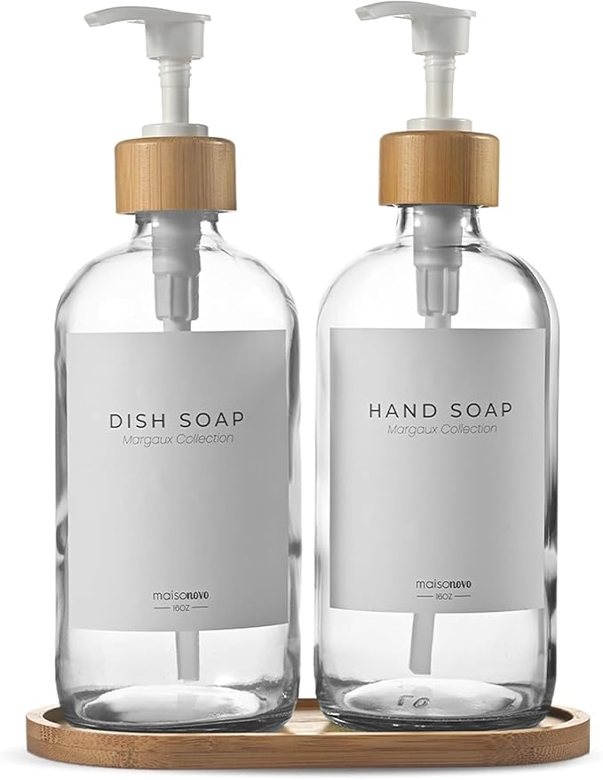 Maisonovo Glass Soap Dispenser Bathroom Set | Hand Soap and Dish Soap Dispenser Set | 16.9oz Clear Bottles with White Bamboo Pump | Bathroom Lotion Dispenser with Pump Set of 2